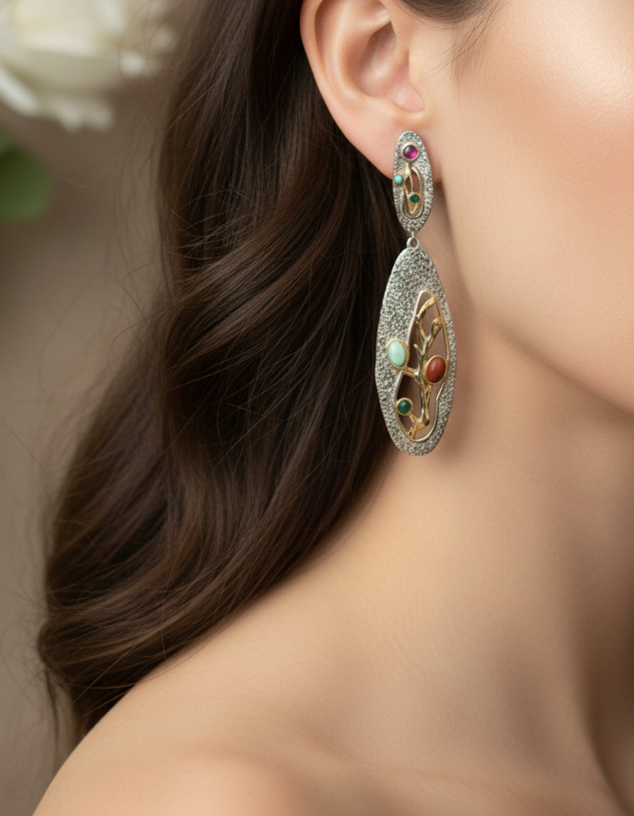 Turquoise, South Red Agate & Tourmaline Earrings