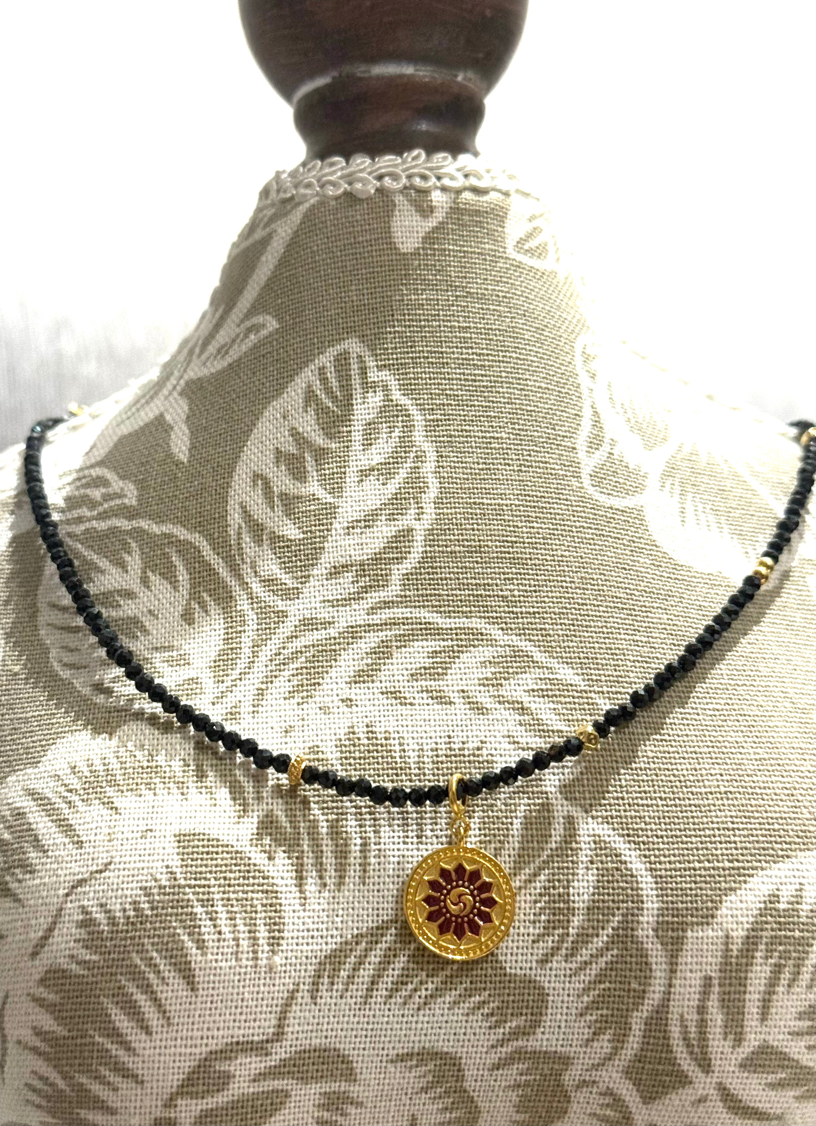 Black Tourmaline Two-Sided Necklace | 925 Gold-Plated Reversible Pendant with Black Beads