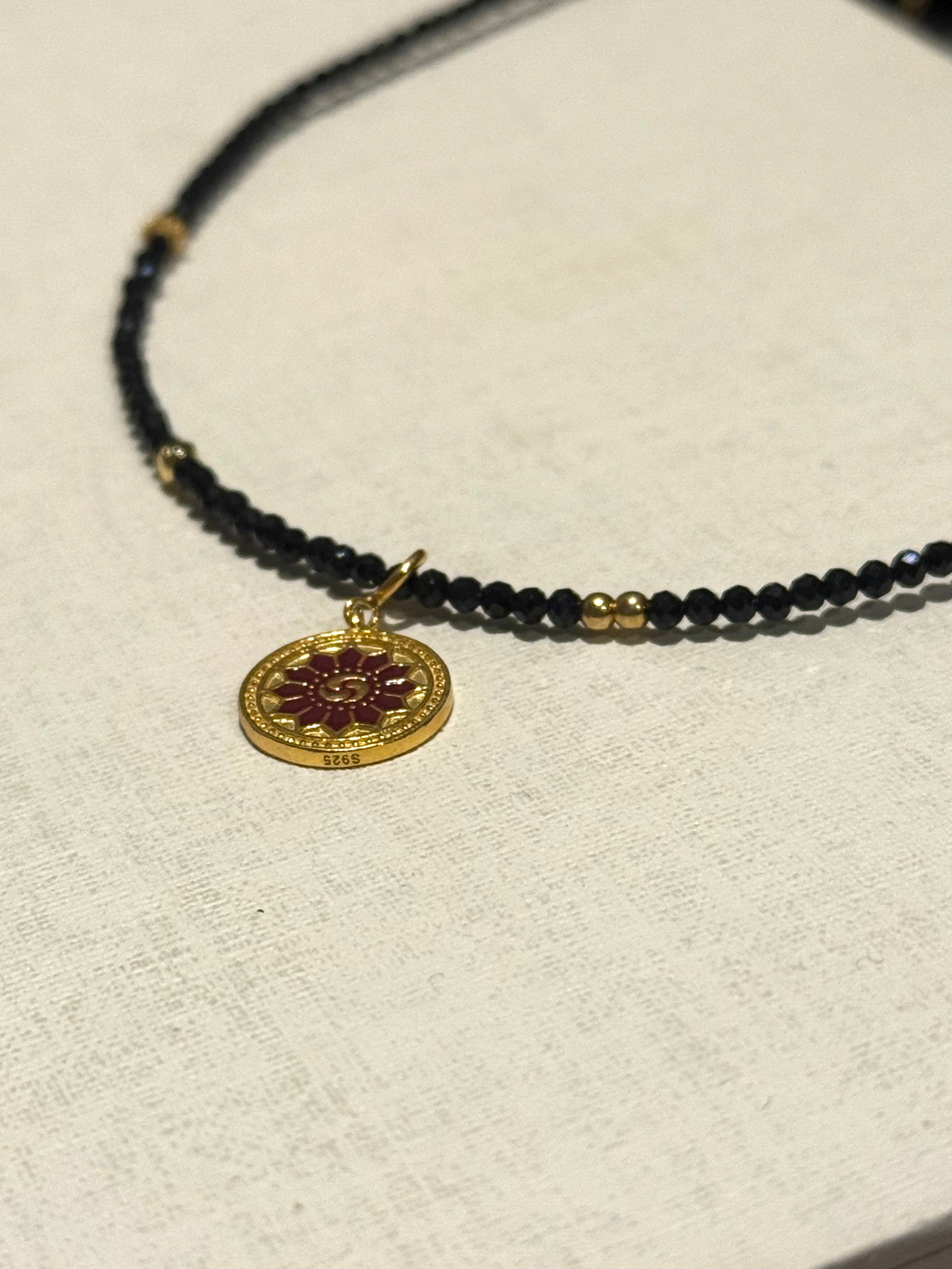 Black Tourmaline Two-Sided Necklace | 925 Gold-Plated Reversible Pendant with Black Beads