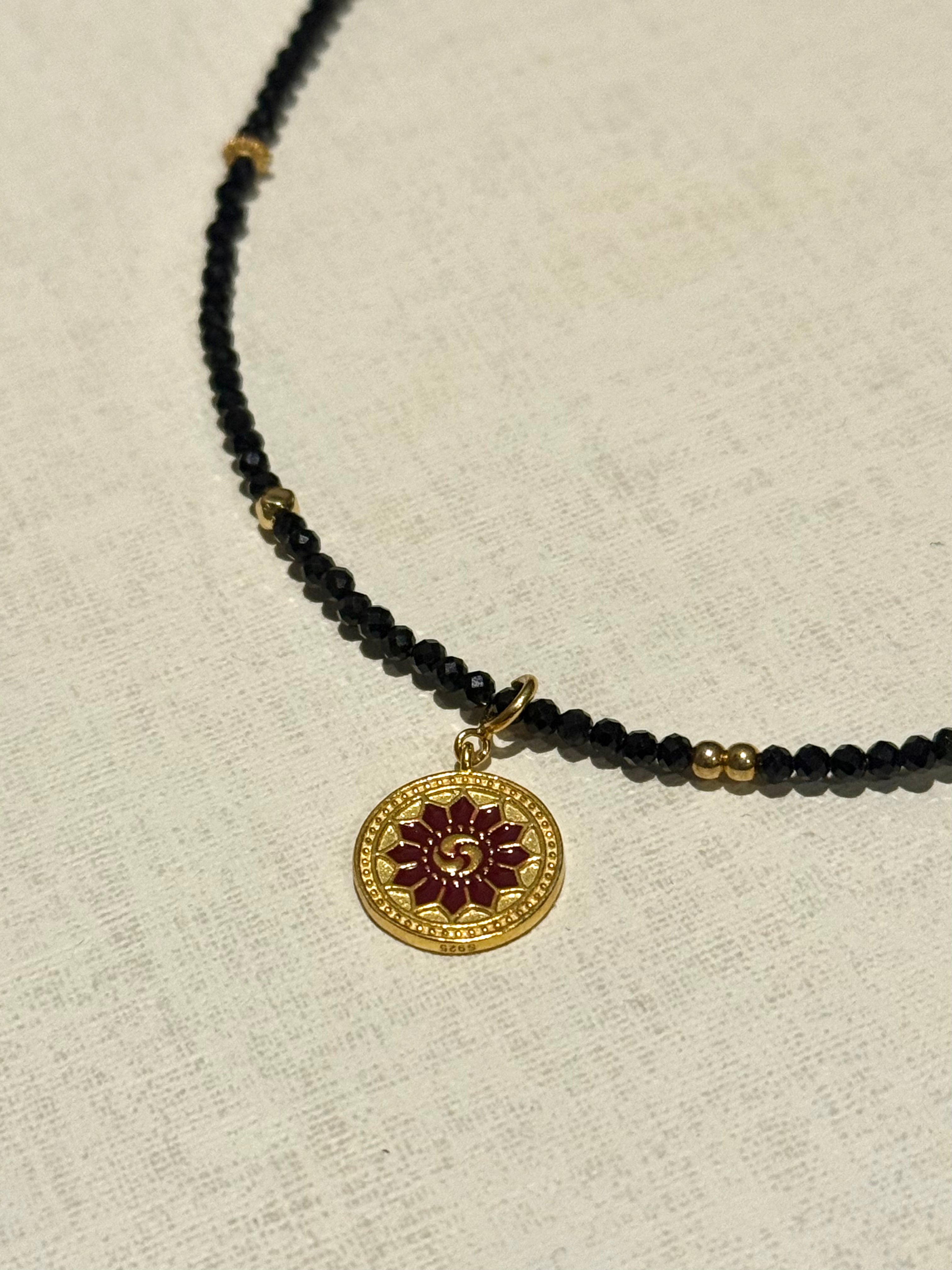 Black Tourmaline Two-Sided Necklace | 925 Gold-Plated Reversible Pendant with Black Beads