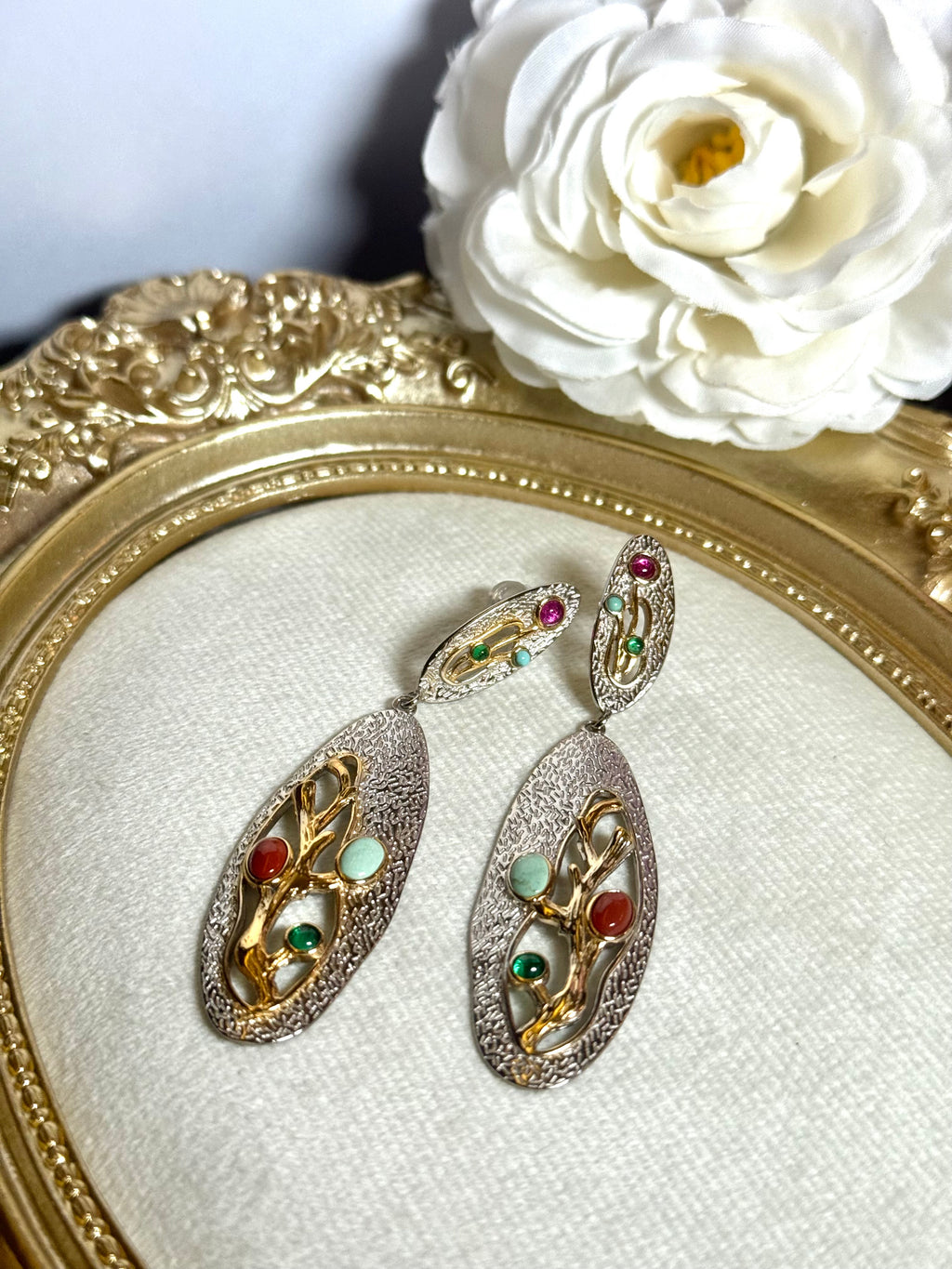 Turquoise, South Red Agate & Tourmaline 925 Sterling Silver Earrings | Multi-Stone Jewelry