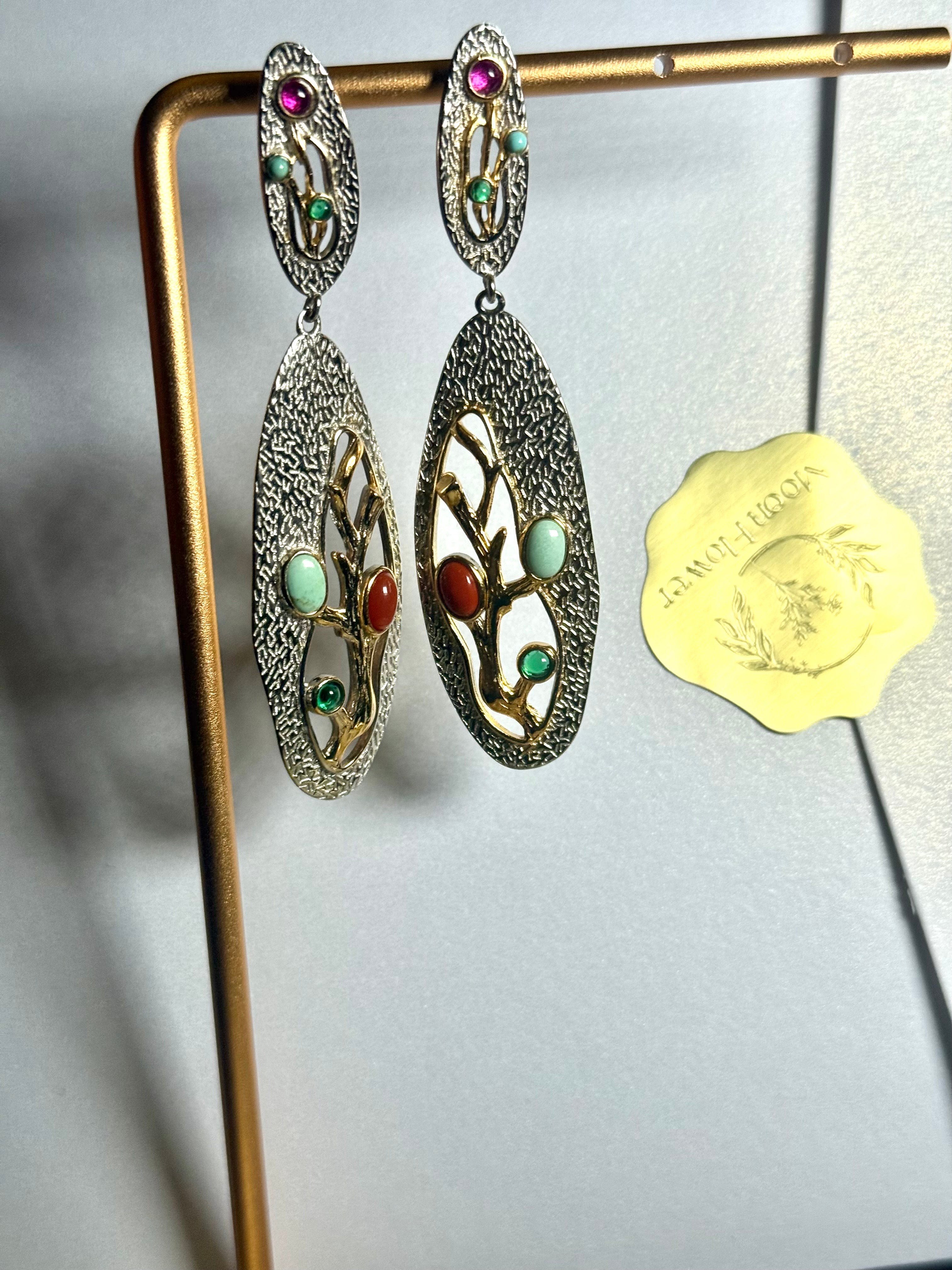 Turquoise, South Red Agate & Tourmaline 925 Sterling Silver Earrings | Multi-Stone Jewelry