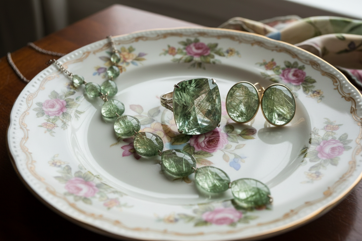 some beautiful green crystal -Green Rutilated Quartz jewelries on a beautiful floral plates